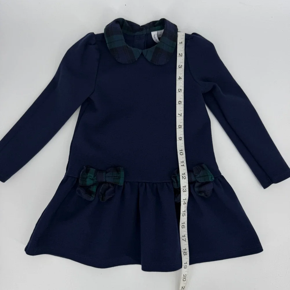 Janie and Jack Navy Blue Tartan Bow Ponte Dress‎ Long Sleeve Size 3
